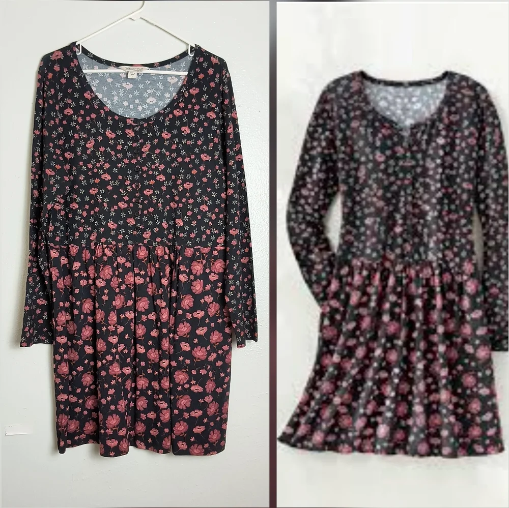 Coldwater Creek Floral Tunic Dress Women's Size L Black Long Sleeves